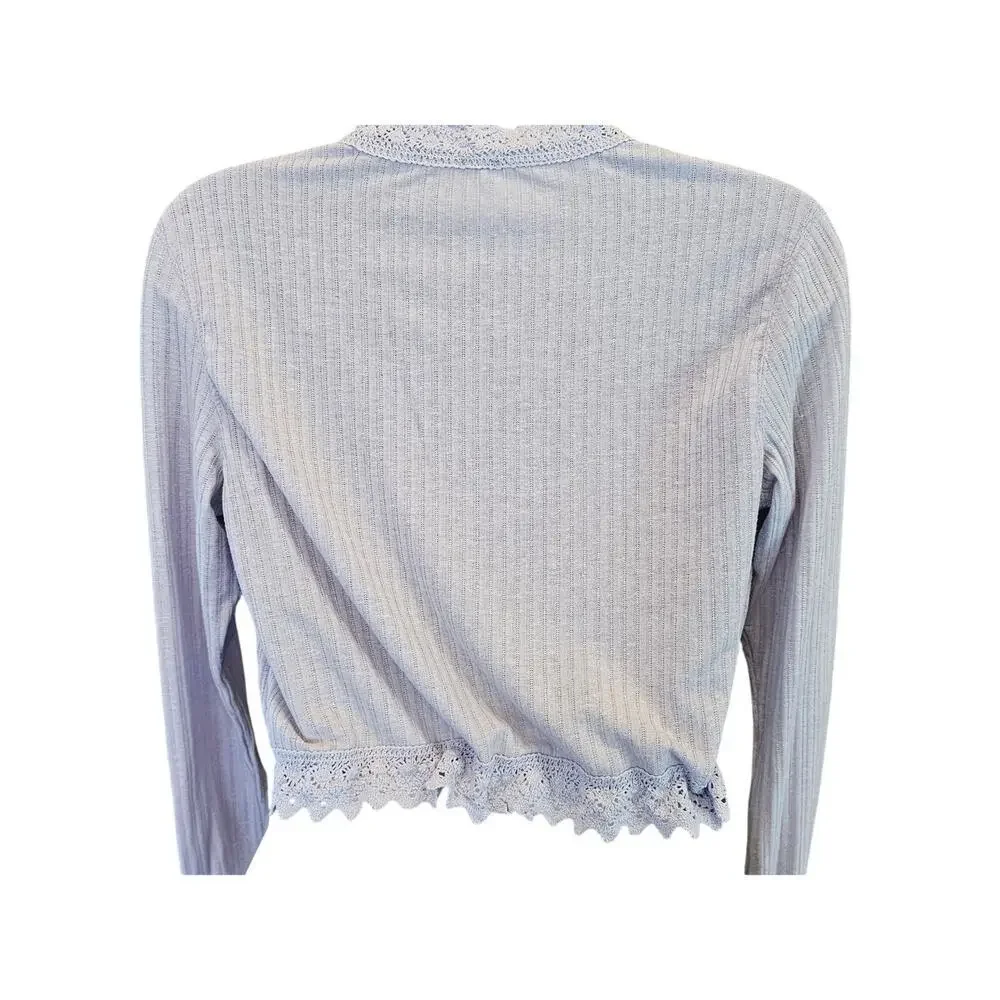 Free people XS fairycore lavander tie waist crop top lace accent long sleeve EUC